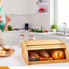 Bamboo Bread Box With Roll Top for Kitchen Countertop