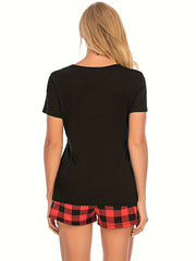Heart Print Pajama Set Crew Neck Top & Plaid Shorts