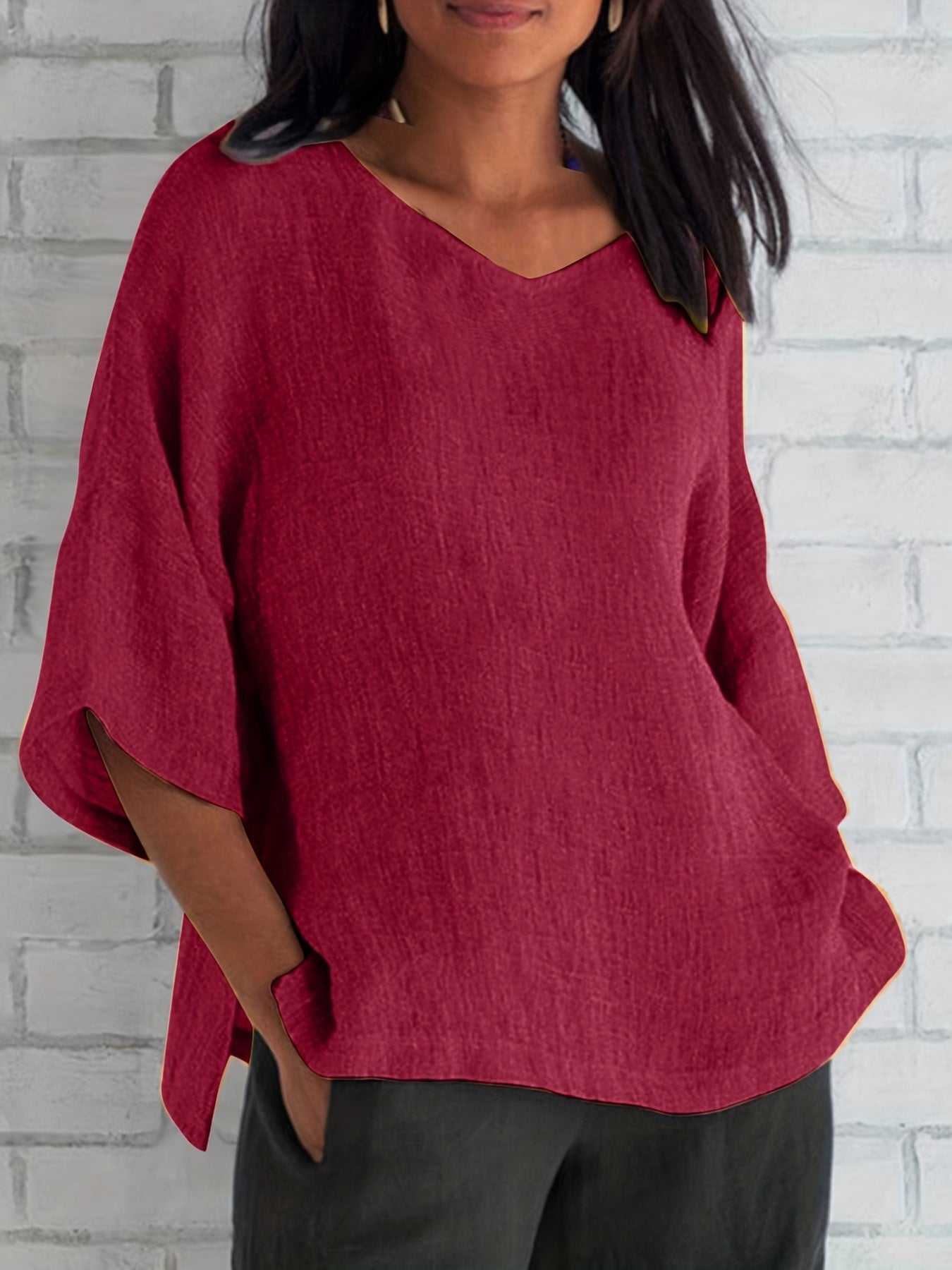 Basic Blouse Women's Plus Solid Three Quarter Sleeve V Neck Top