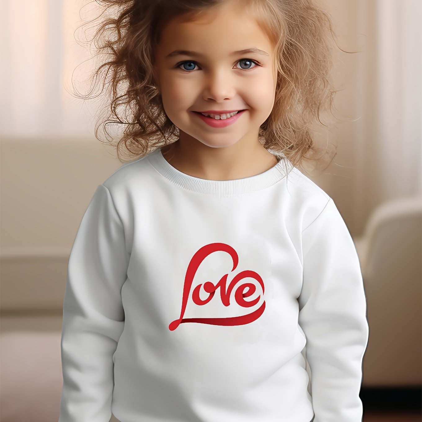 Girls Heart Pattern Crew Neck Sweatshirt For Spring Fall