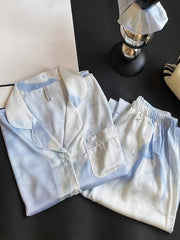 Colorblock Print Pajama Set Long Sleeve Buttons Top & Elastic Waistband Pants