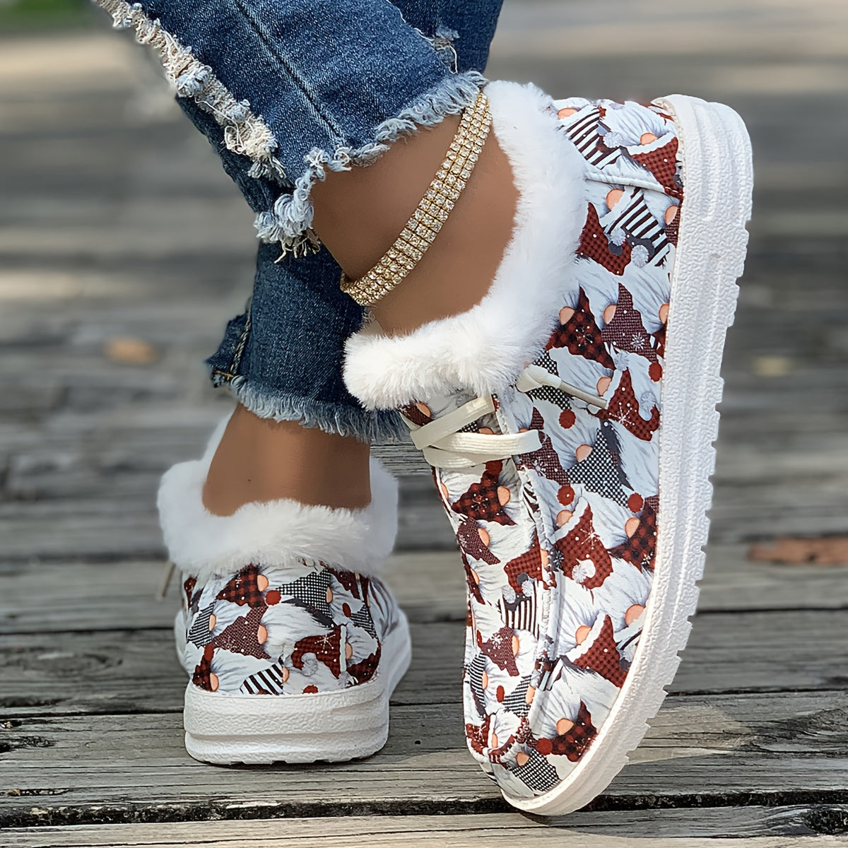 Women's Christmas Santa Print Snow Boots Plush Comfort Winter Lace up Flats