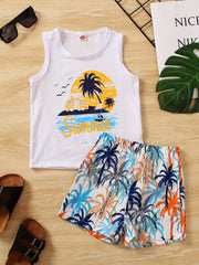 2pcs Summer Coconut Tree Boys Sleeveless Tank Tops&Shorts Set