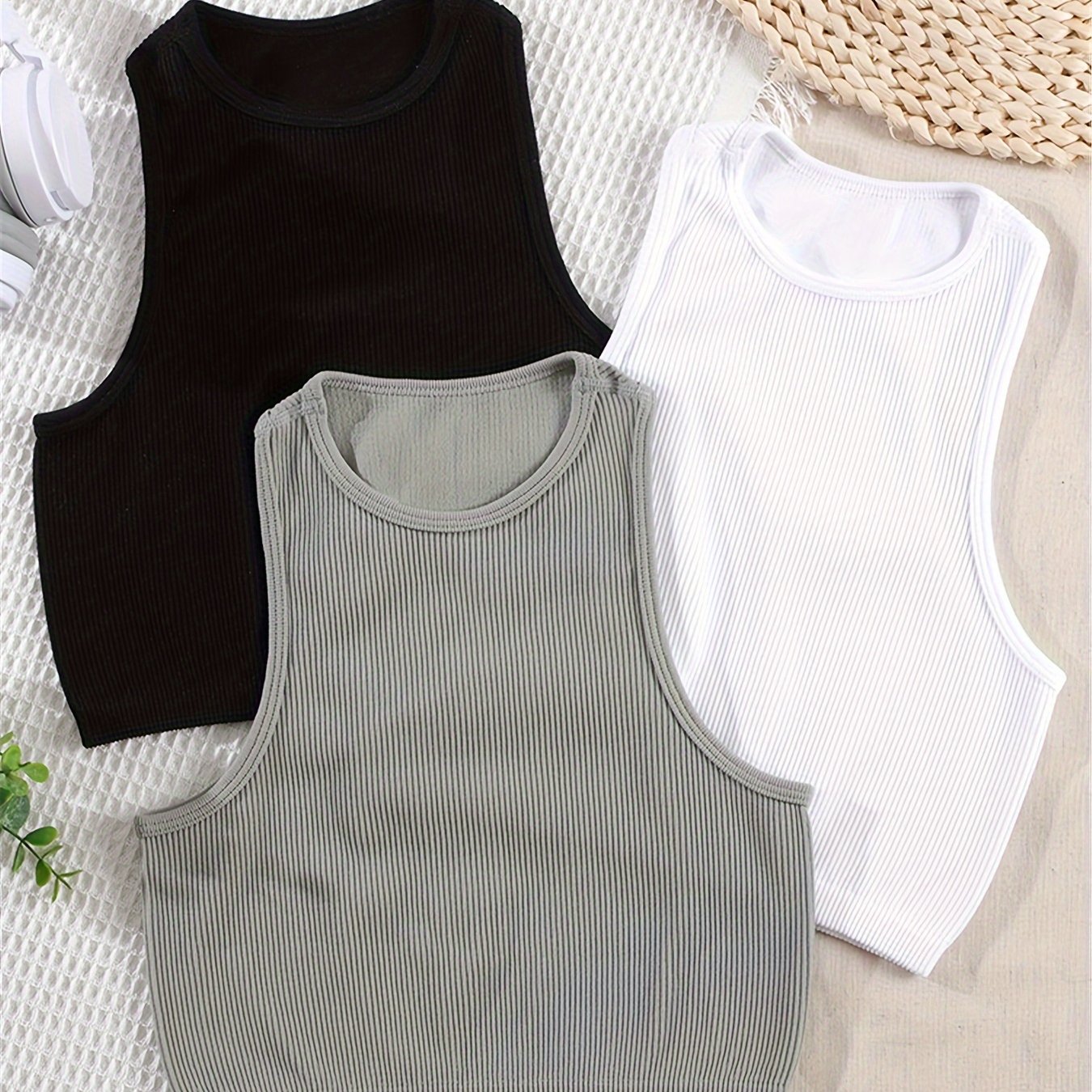 3pcs Solid Ribbed Lounge Tops Crew Neck Tank Top
