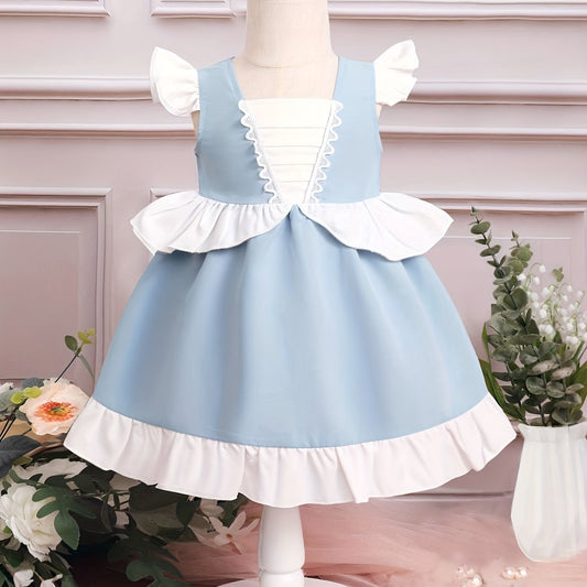Block Ruffle Trim Little Girls Puffy Gown Dress for Party Wedding