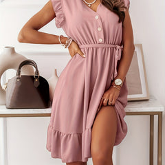 Solid Loose Belt Dress Ruffle Sleeve V neck Casual Buttons Dresses