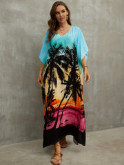 Beach Print Cover Up Dress V Neck Bat Sleeve