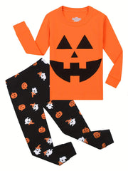 Kids 2pcs Halloween Pajamas Set Pumpkin Print Loungewear Cotton PJ Set