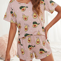 Women's Cartoon Print Pajama Set Short Sleeve Top & Shorts