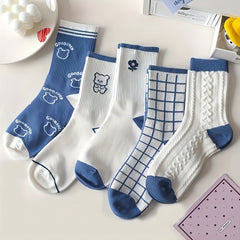 5 Pairs Bear & Plaid Print Socks Mid Tube Women's Stockings
