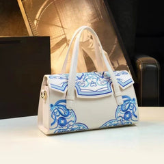 Vintage Chinese Embroidered Handbag, Porcelain Leather, Removable Stra