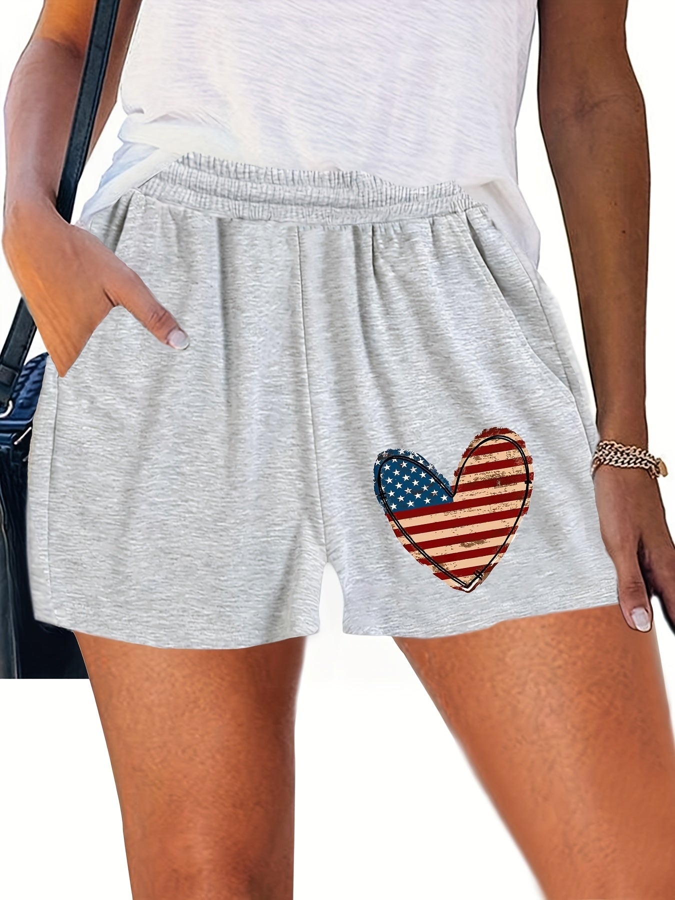 Flag Heart Print Elastic Waist Shorts for Women