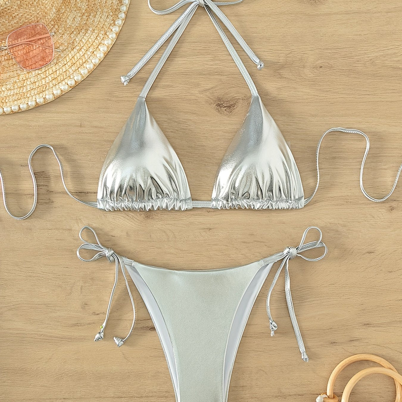 V Neck Bikini Set Backless Tie Side Swimsuit Women's Swimwear