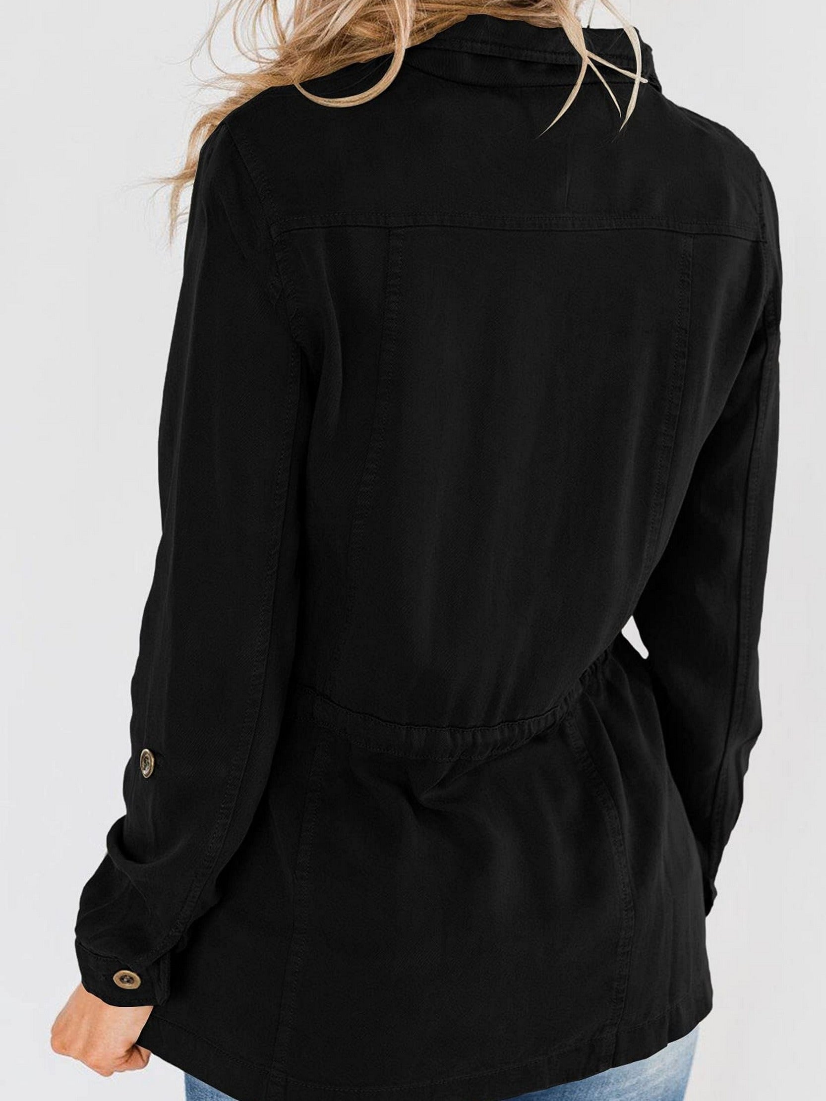 Casual Pockets Jacket Lapel Long Sleeve Loose Waist Drawstring Outerwear