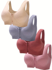 4pcs Wireless Push Up Bras Solid Zipper Comfy & Breathable Lingerie