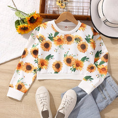 Big Girl's Sunflower Graphic Crew Neck Sweatshirt Top