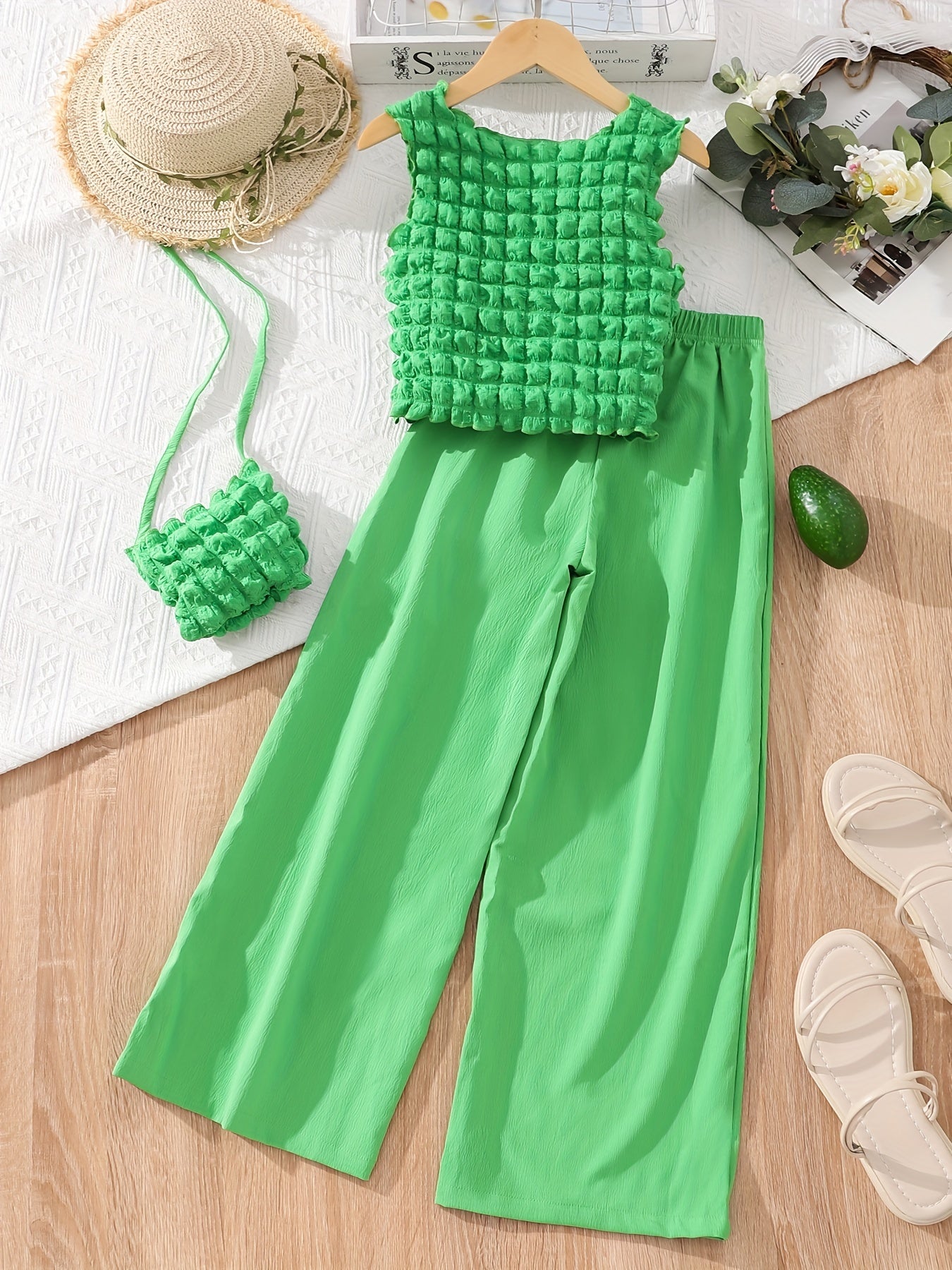 Girls 3pcs Sleeveless Top & Long Pants & Crossbody Bag Set for Spring and Summer