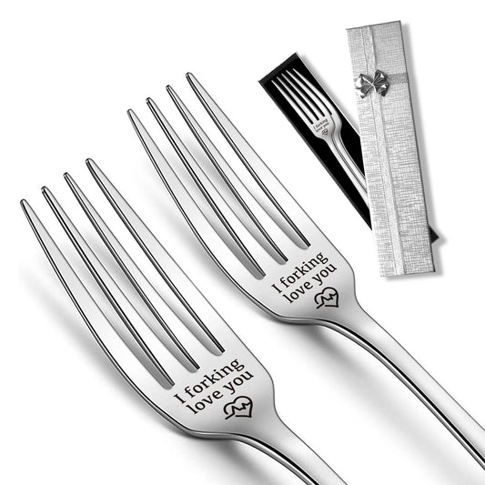 2pcs Forks with I Forking Love You Print Stainless Steel Tableware