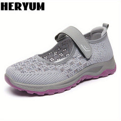 Women's Breathable Knit Sneakers Comfortable Closed Toe Hook & Loop Strap Shoes