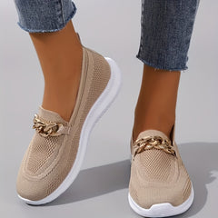 Women's Knitted Flat Shoes with Metal Chain Slip On Casual Walking Shoes