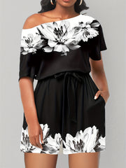 Floral Print One Shoulder Plus Size Romper With Pockets