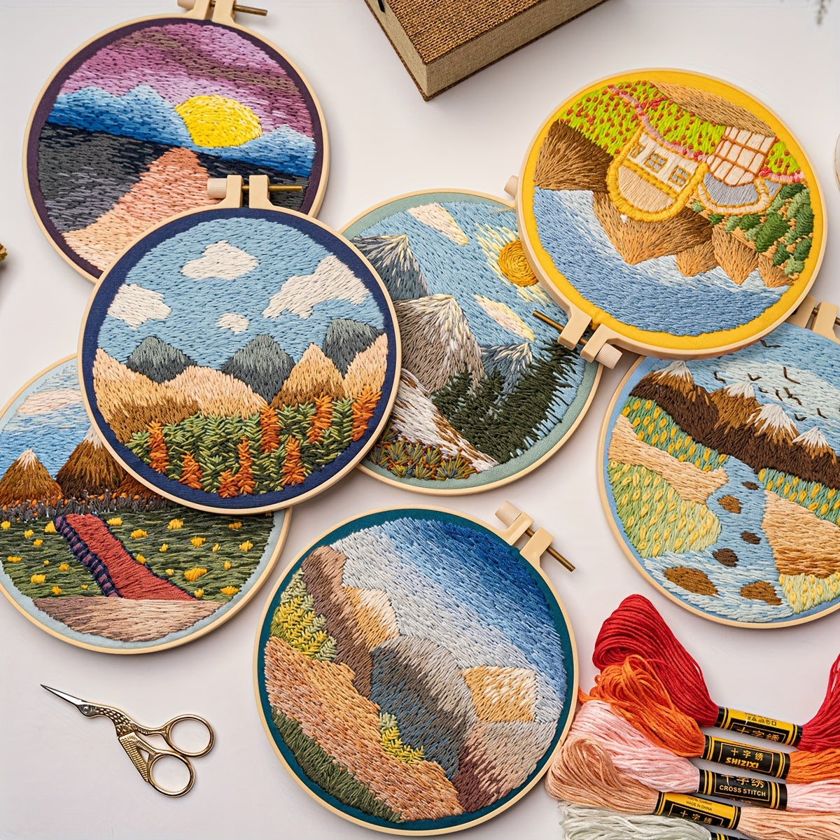 Mountain River Tree Embroidery Kit 3pcs Set with 20.07cm Hoop