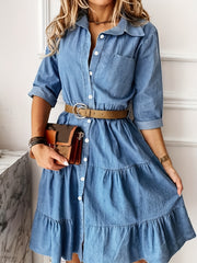 Solid Button Up Long Sleeve Denim Shirt Dress