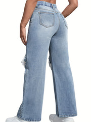 Women's Plus Solid Ripped High Rise Wide Leg Jeans
