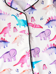 Girl's Dino Print Pajama Set Button Front Top & Elastic Pants