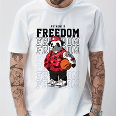 Cotton Anime Panda & Freedom Print Men's Graphic Tee Casual Comfy T shirt