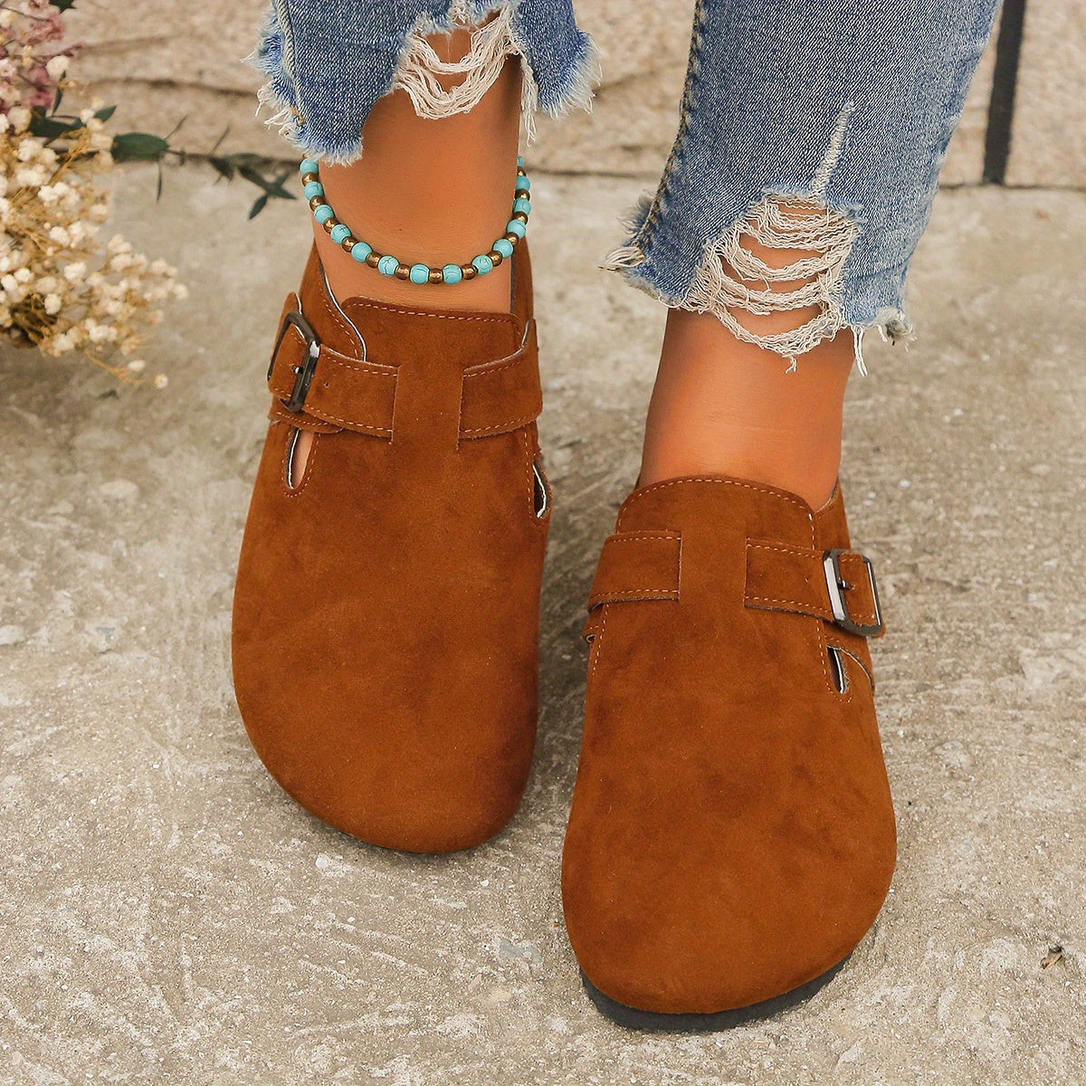 Women's Round Toe Solid Flat Ankle Buckle Shoes