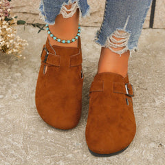 Women's Round Toe Solid Flat Ankle Buckle Shoes