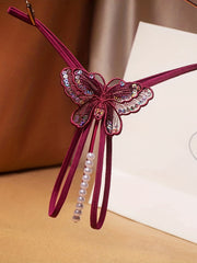 Butterfly Embroidery Thongs with Faux Pearl Panties