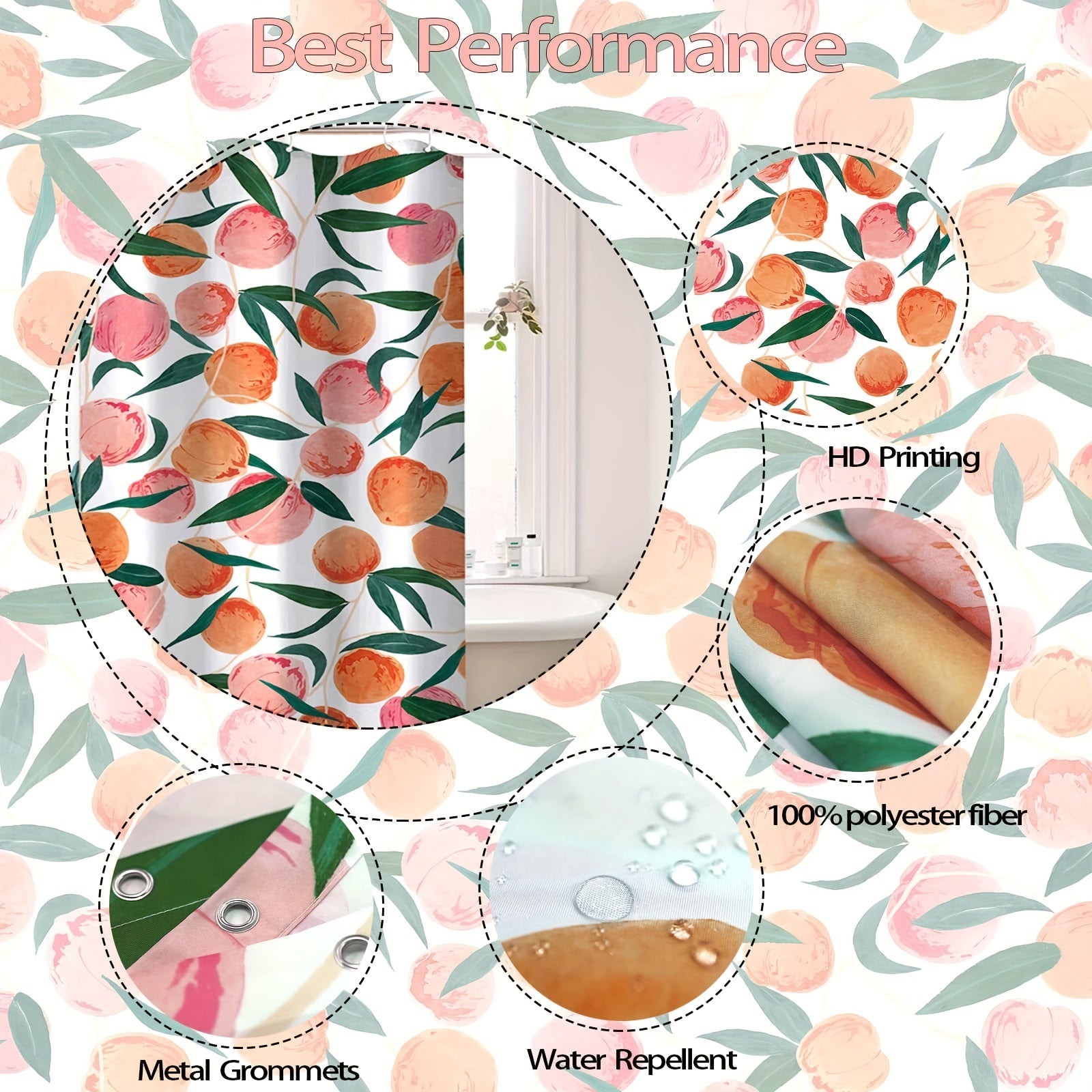 Red Peach Pattern Shower Curtain with Hooks