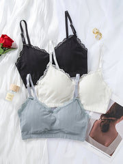 3pcs Lace Trim Wireless Bras Comfy & Breathable Underwear