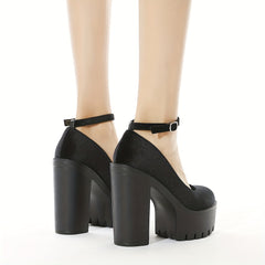 Block Heeled Platform Shoes Ankle Strap Solid Pumps