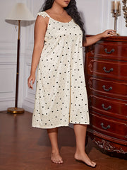 Heart & Dot Print Round Neck Ruffle Trim Cami Sleep Dress