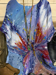 Tie Dye Butterfly Print Round Neck Short Sleeve Blouse