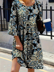 Boho Dress Women's Plus Paisley Print Three Quarter Sleeve