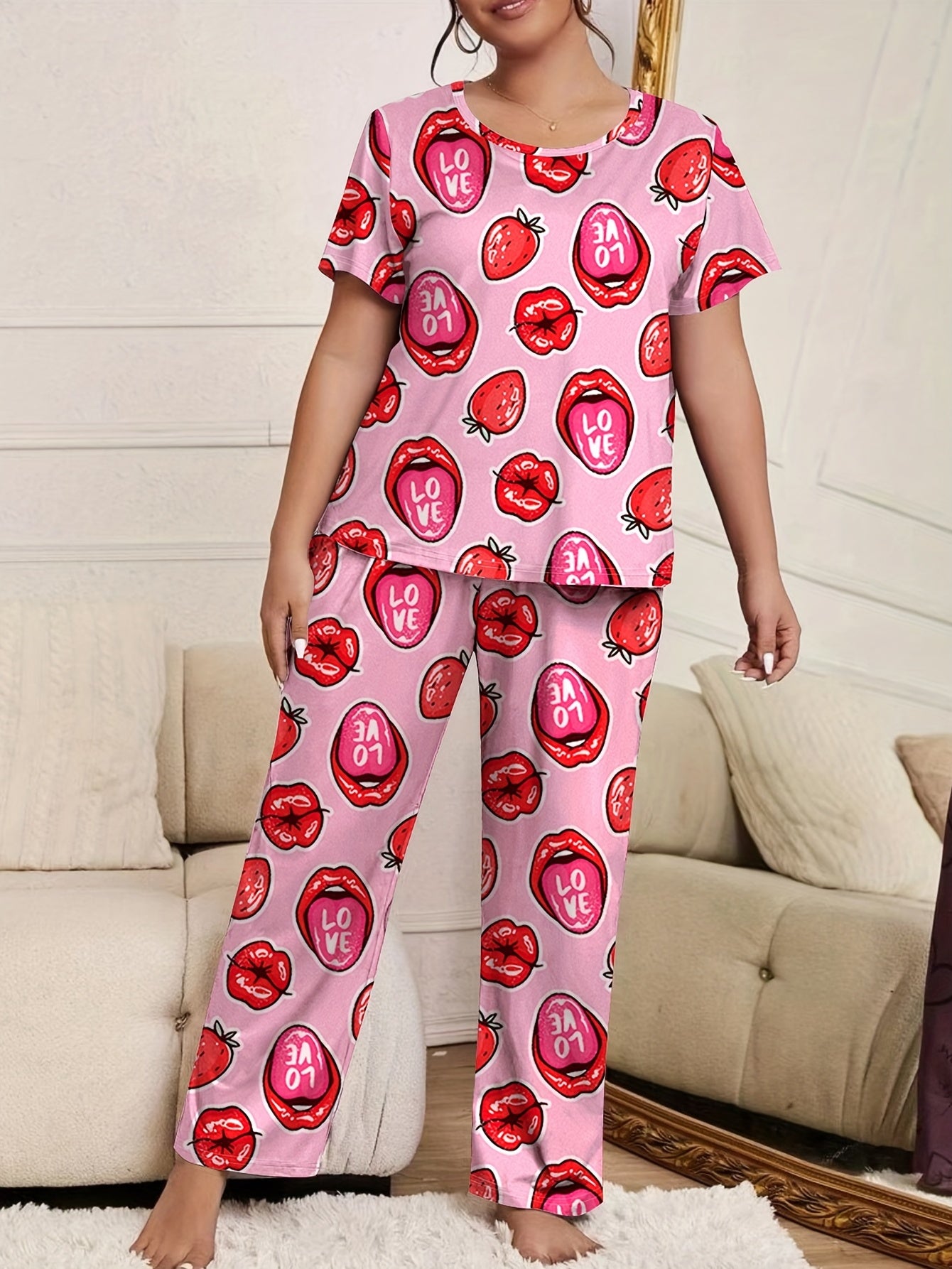 Strawberry & Lip Print Short Sleeve Pajama Set