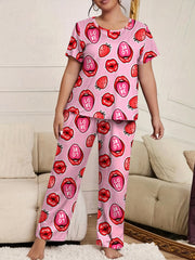 Strawberry & Lip Print Short Sleeve Pajama Set