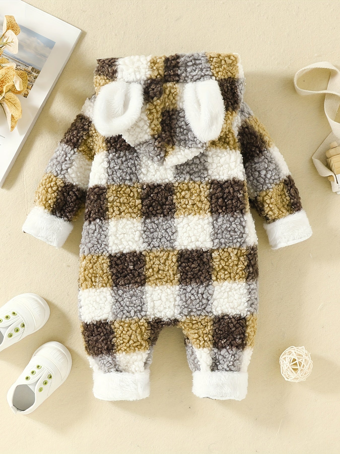 Rabbit Ears Plush Plaid Pocket Jumpsuit Baby Boys Girls Fleece Coat