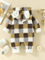 Rabbit Ears Plush Plaid Pocket Jumpsuit Baby Boys Girls Fleece Coat