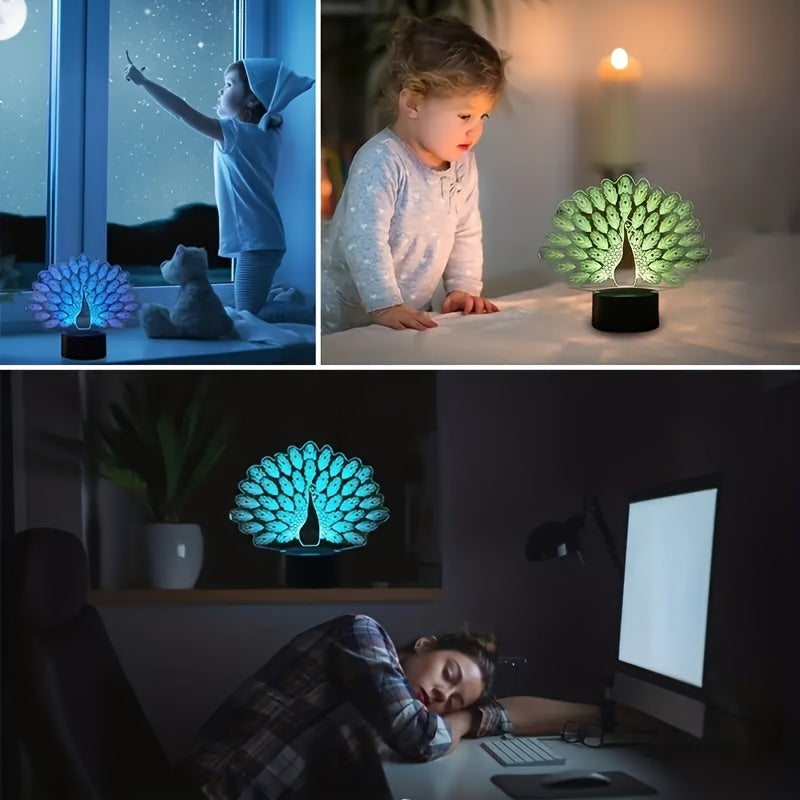 Peacock 3D Night Light Lamp 16 Colors Remote Control Kids