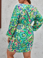 Floral Mini Dress Lantern Sleeve V Neck Stretch