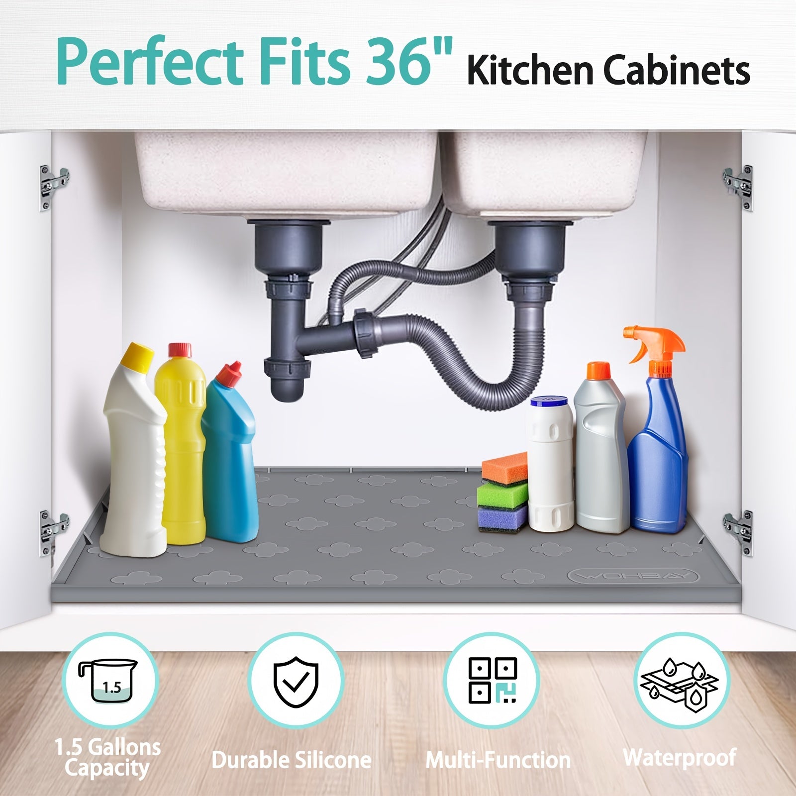 Waterproof Under Sink Mat 34 X 22 Silicone Drip Tray Liner for Kitchen Bathroom