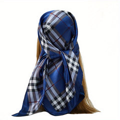 Plaid Print Bandana Silk Large Square Scarf Casual Head Wrap Women Hair Accessor