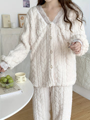 Lace Trim Fuzzy Pajama Set Women's Sleepwear & Loungewear