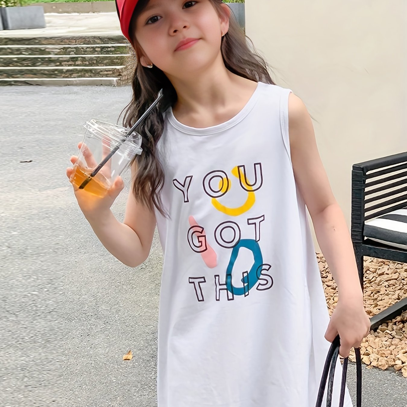 Girls Cartoon Print Cotton Dress Sleeveless Crew Neck for Summer