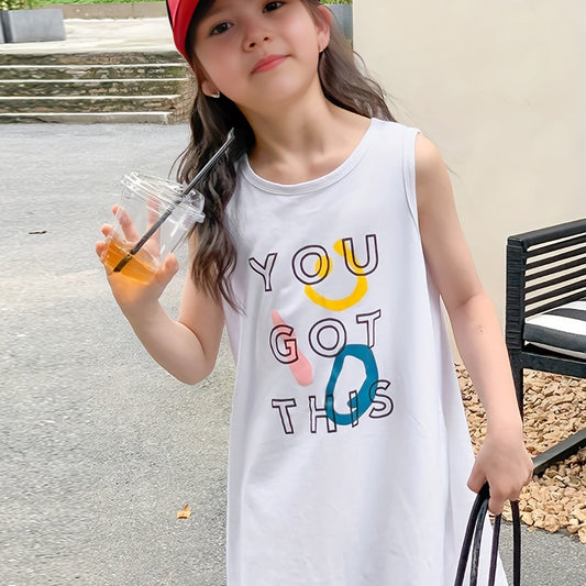 Girls Cartoon Print Cotton Dress Sleeveless Crew Neck for Summer